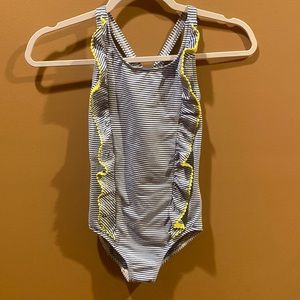 Mini Boden blue and white striped bathing suit with ruffles.. girls size 7/8